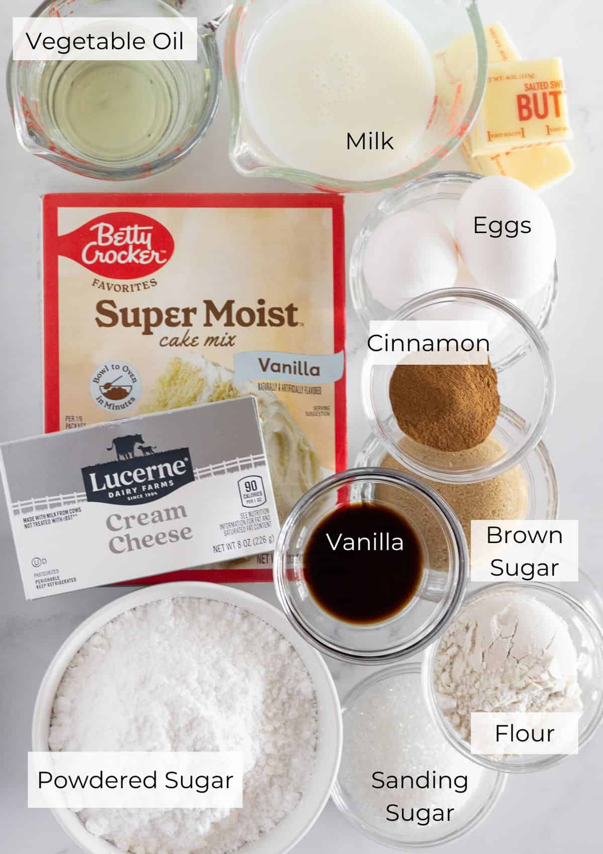 The ingredients needed to make a snickerdoodle bundt cake.