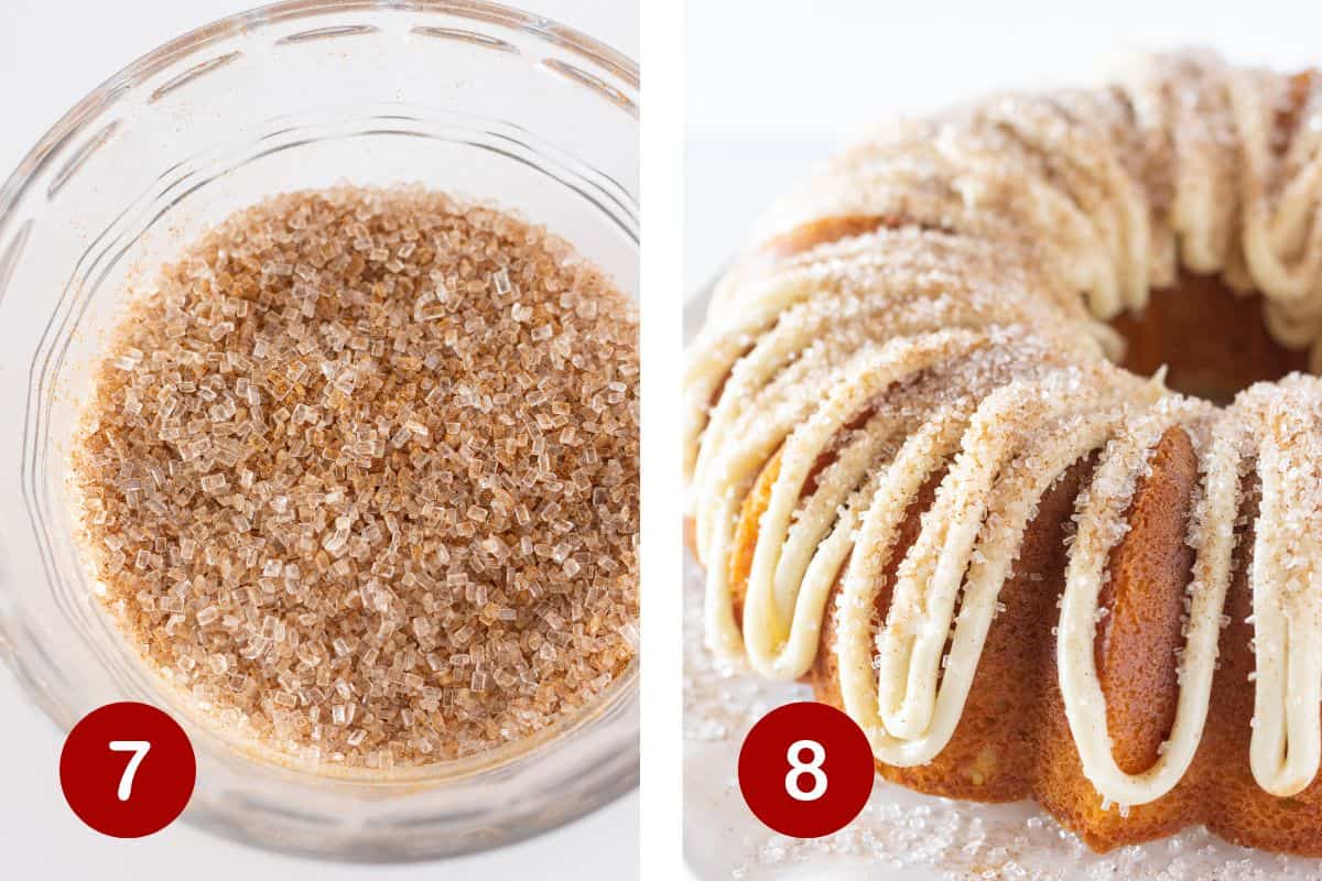 Combine the cinnamon sugar mixture and finish the cake with frosting.