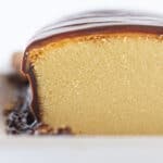 The inside of the Twix Pound Cake with layers of cake, caramel and chocolate.