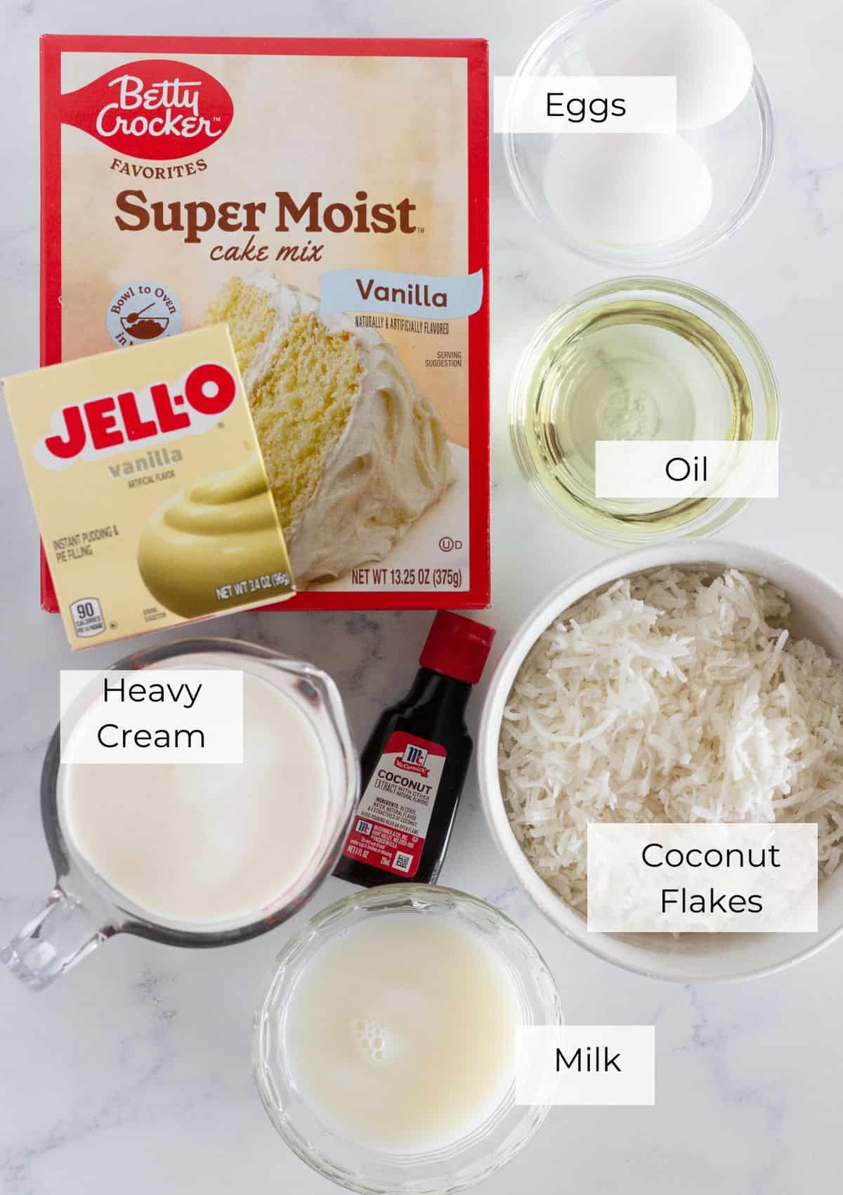 The ingredients needed to make coconut cream cookies.