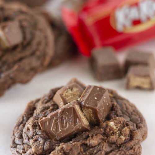 Kit Kat Brownie Cookies on a white tray.