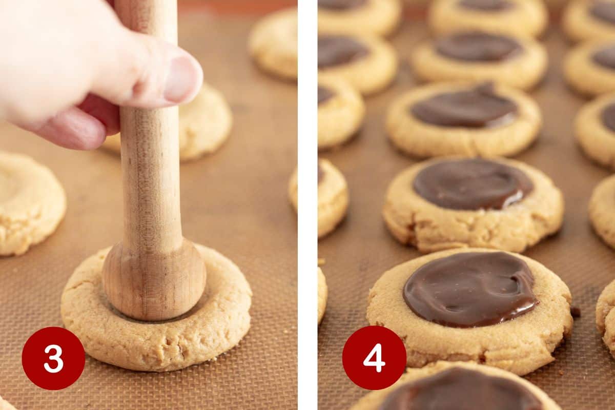 Make an indentation in the middle of each cookie.  Once cooled, make the ganache and fill the cookie.