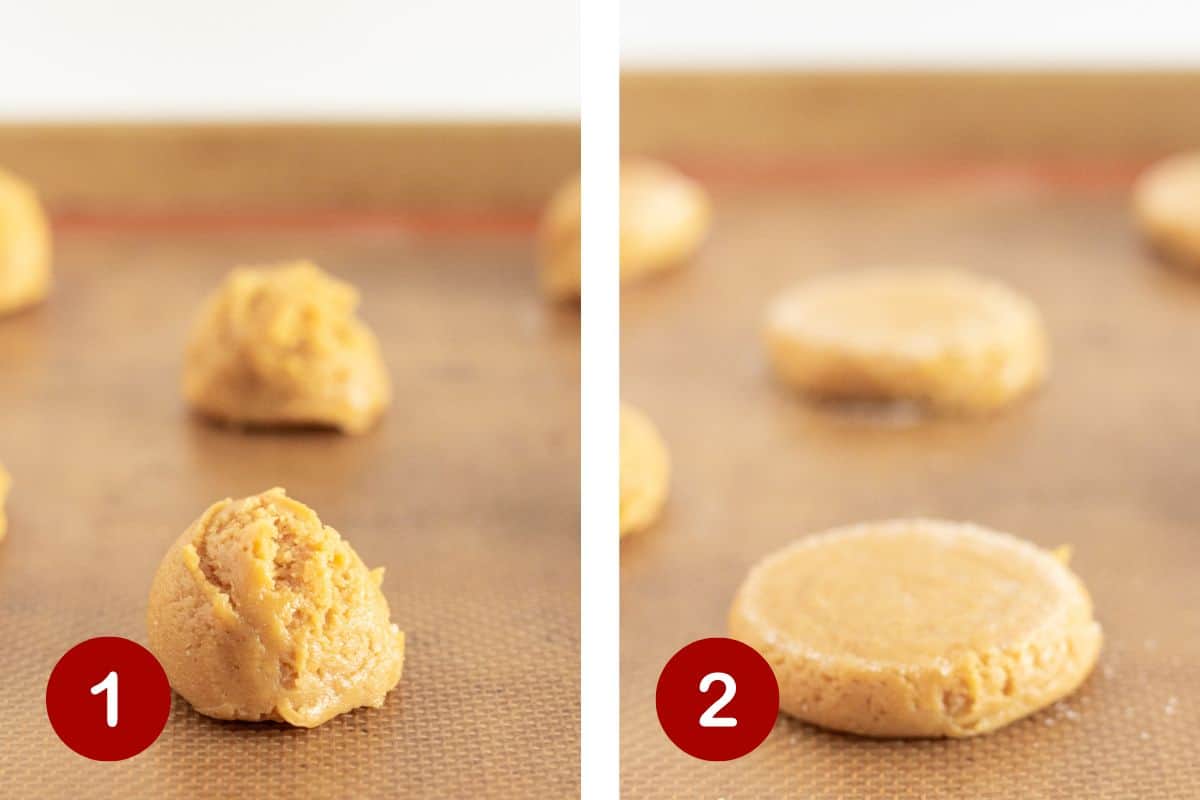 Making the peanut butter cookie dough and pressing the cookie dough down with a sugared glass.