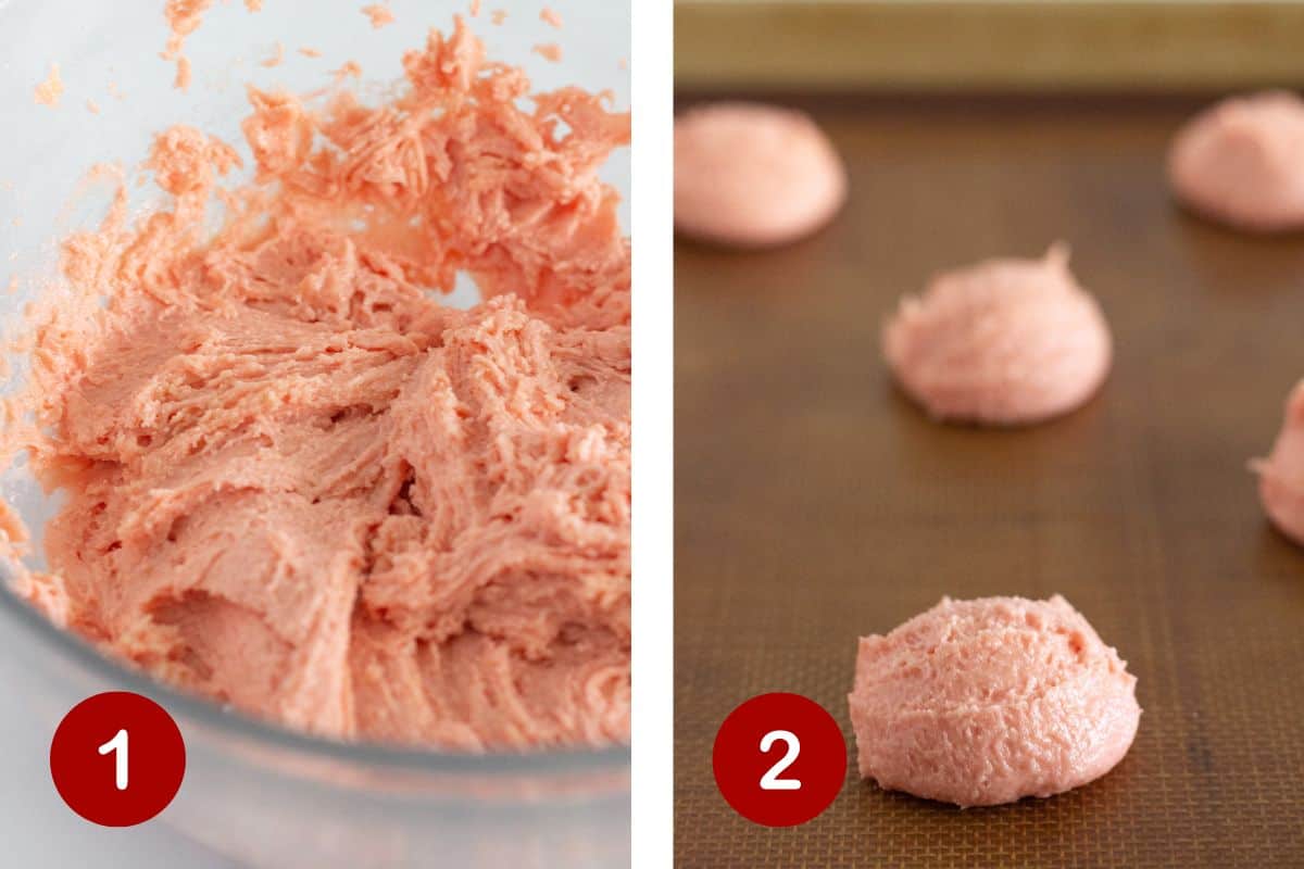 Making the strawberry cookie dough and scooping them onto a sheet pan.