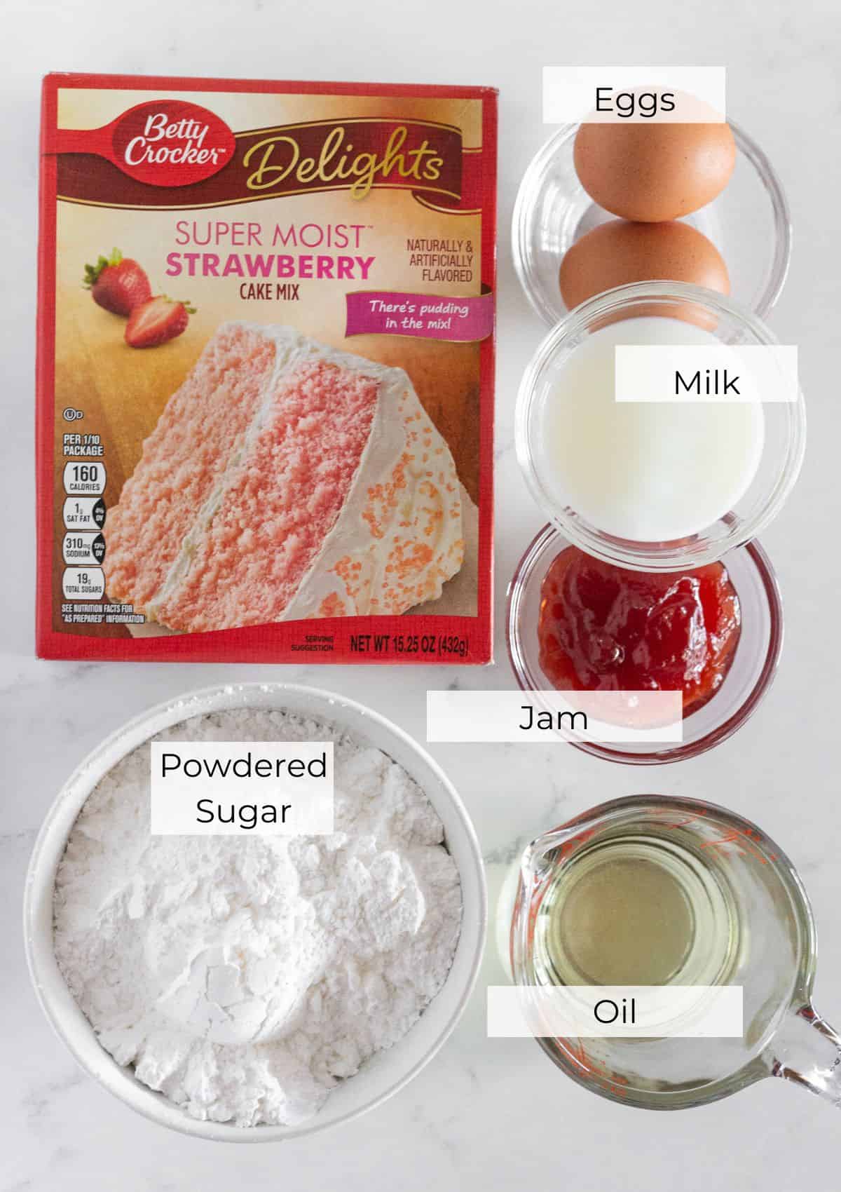 The ingredients needed to make strawberry cake mix cookies.