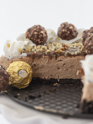 The inside of a Ferrero Rocher cheesecake.
