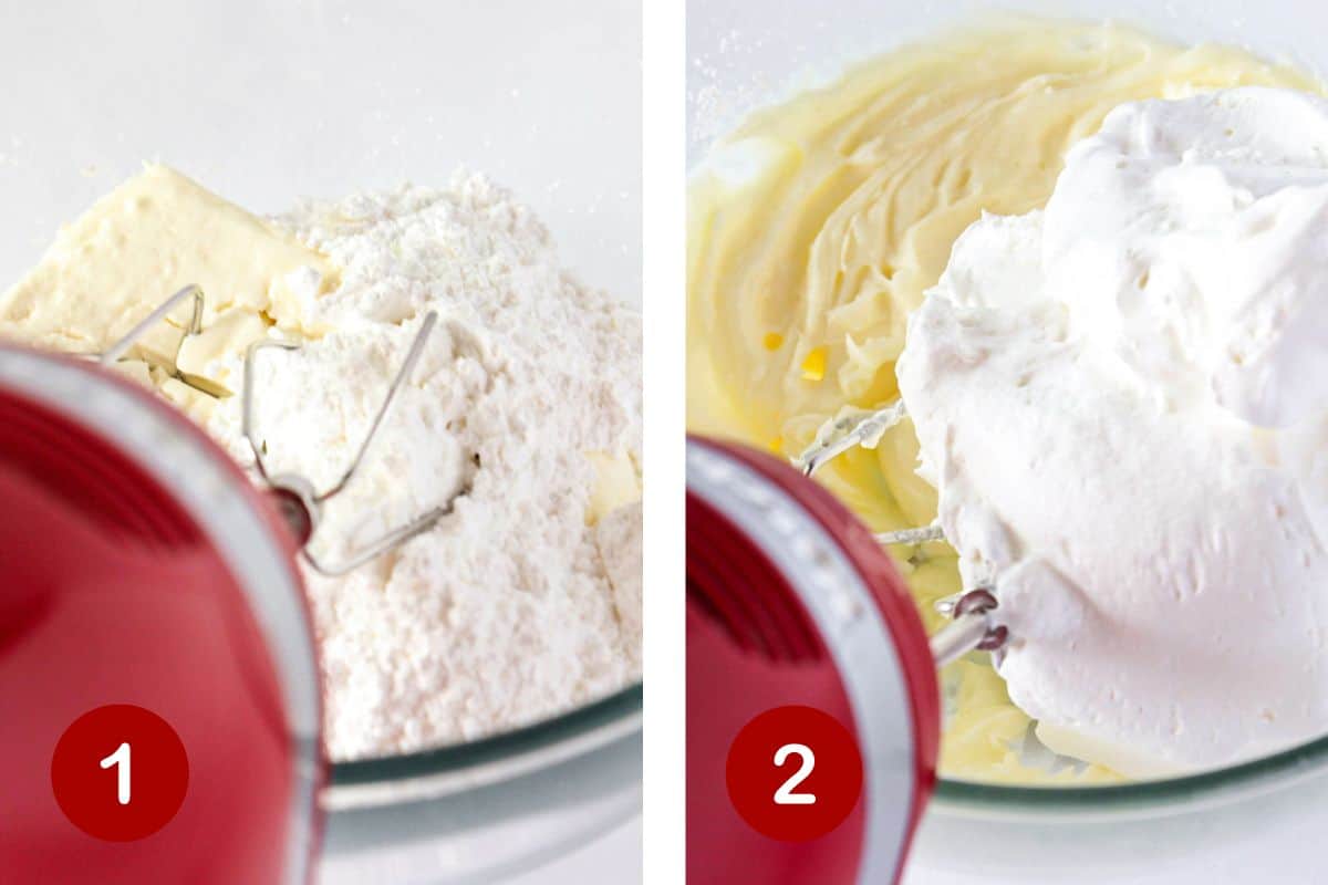 Combining the cream cheese, powdered sugar and whipped topping to make the cheesecake dip.