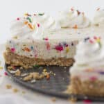 Looking inside funfetti no bake cheesecake.