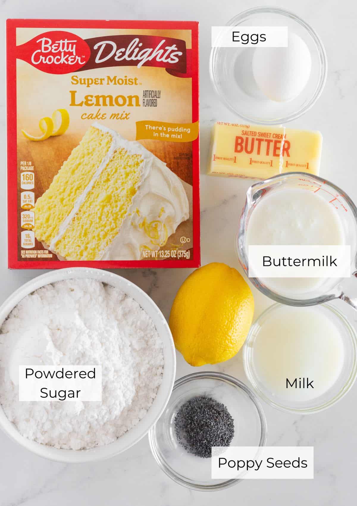 The ingredients needed to make lemon donuts.