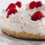 A finished raspberry cheesecake that is no bake.