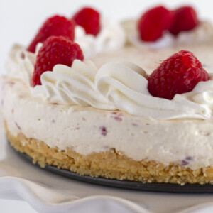 A finished raspberry cheesecake that is no bake.