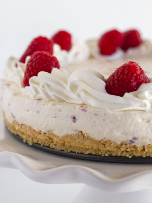 A finished raspberry cheesecake that is no bake.