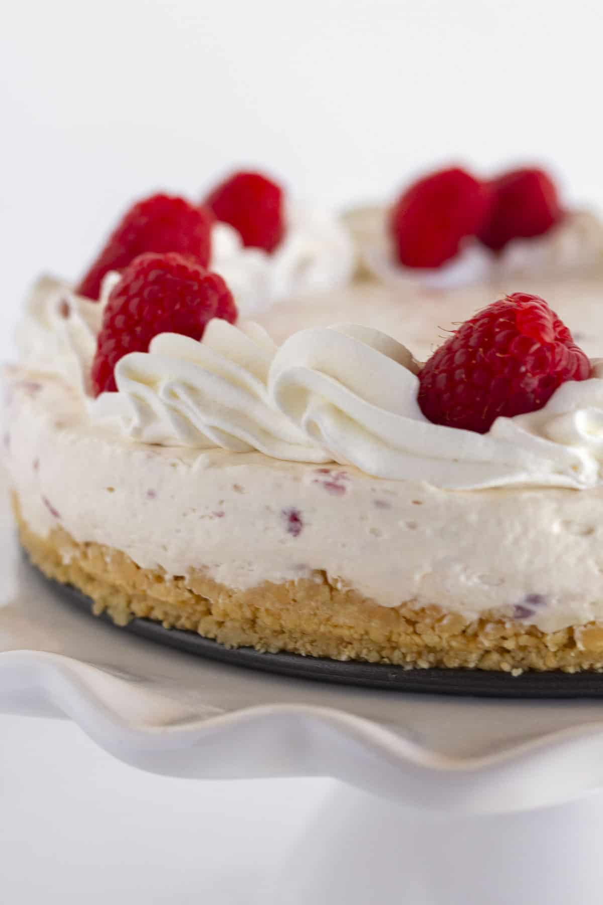 A finished raspberry cheesecake that is no bake.