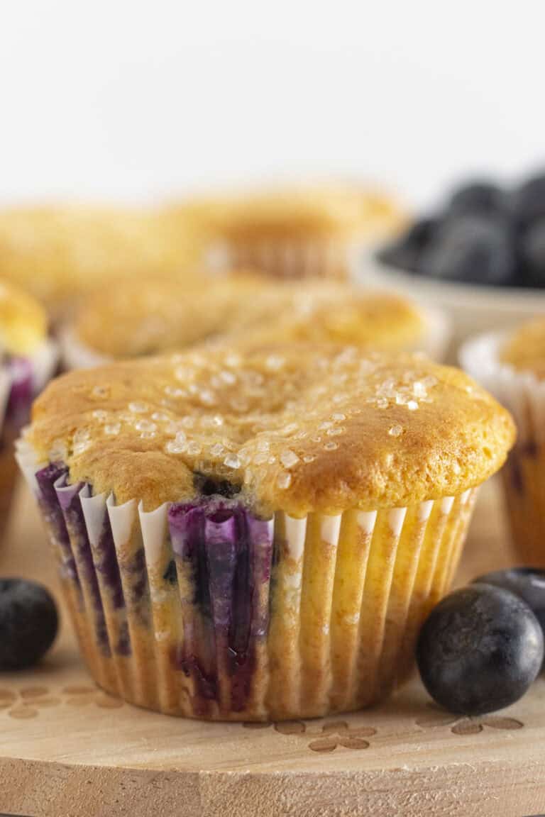 Blueberry cake mix muffins on a tray and ready to serve.