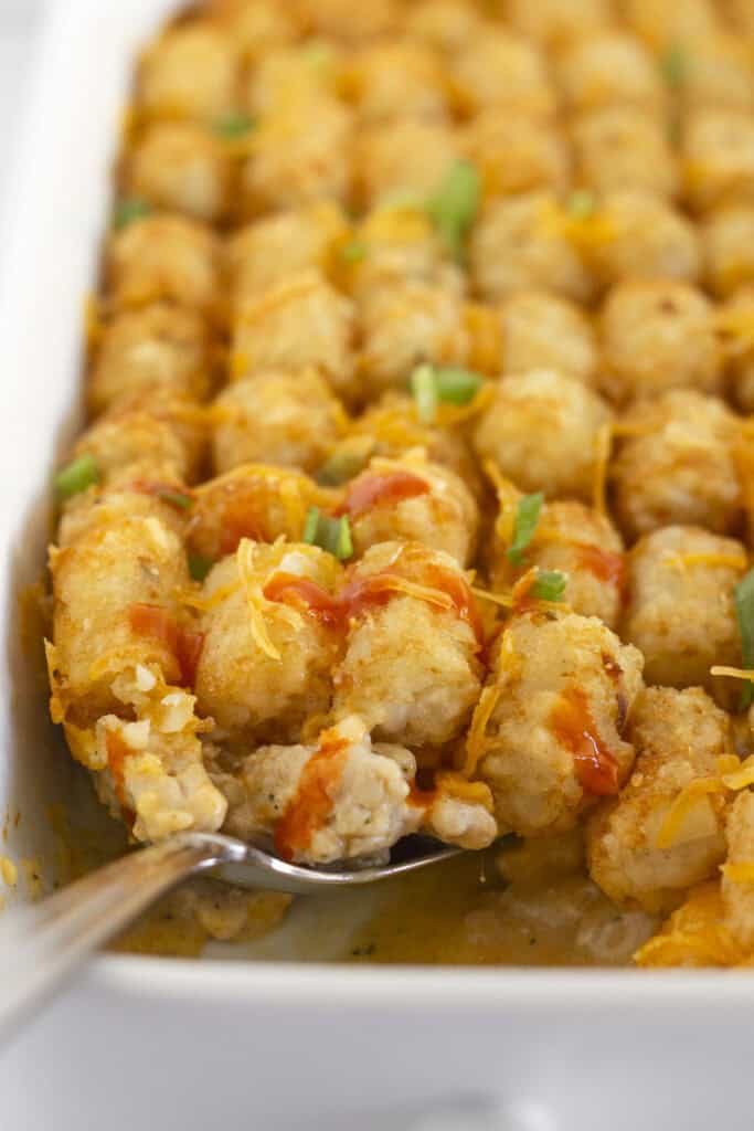 Buffalo chicken tater tot casserole with ground chicken.