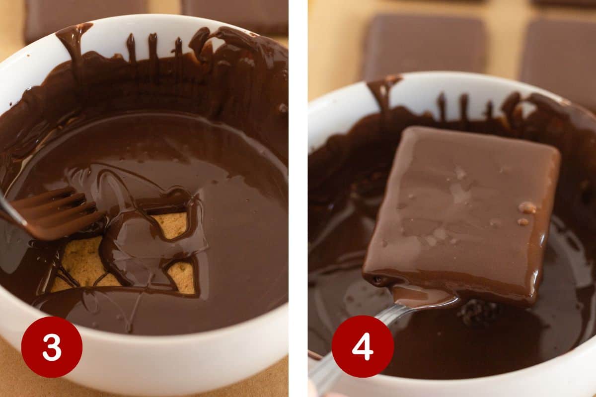 Cover graham cracker with chocolate and then tap excess chocolate off.