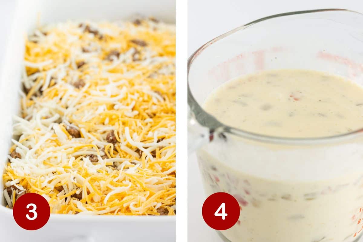 Top with cheese and combine egg mixture.