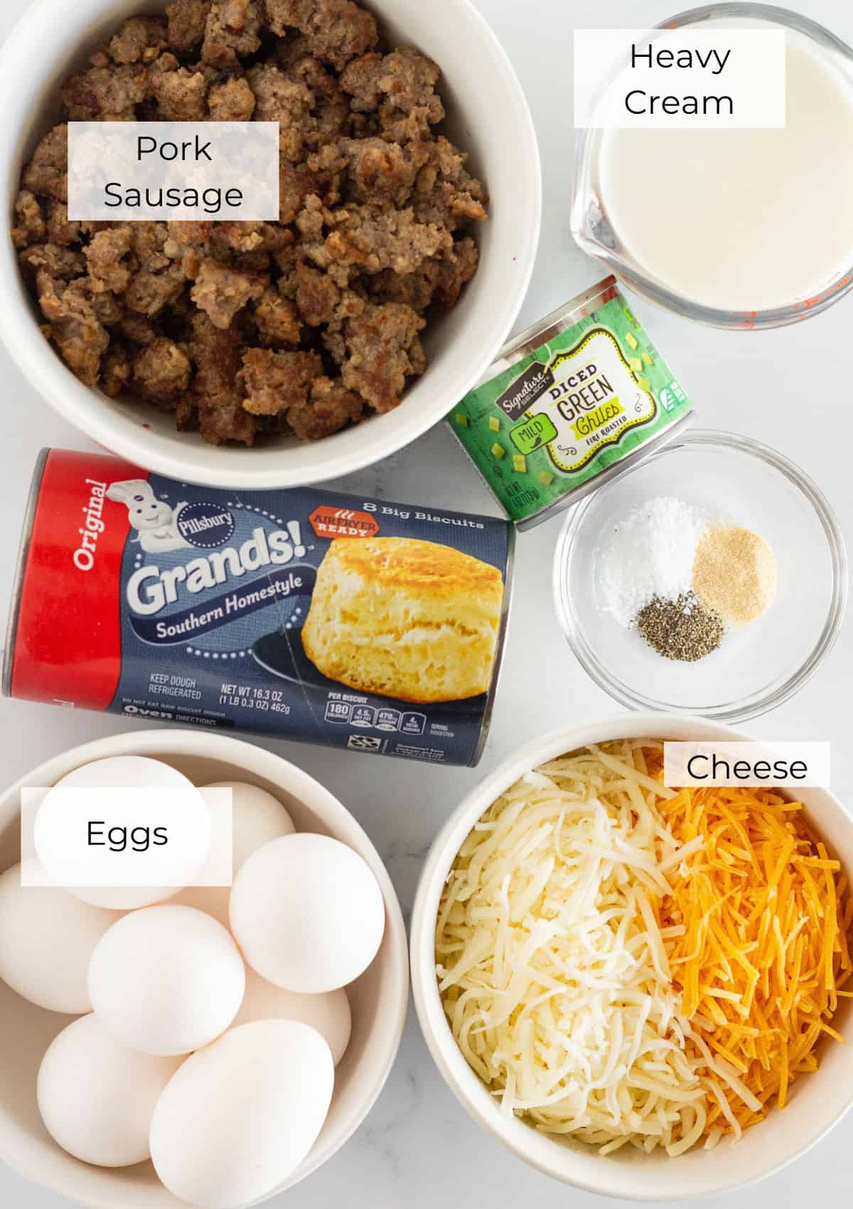  The ingredients needed to make a biscuit breakfast casserole.