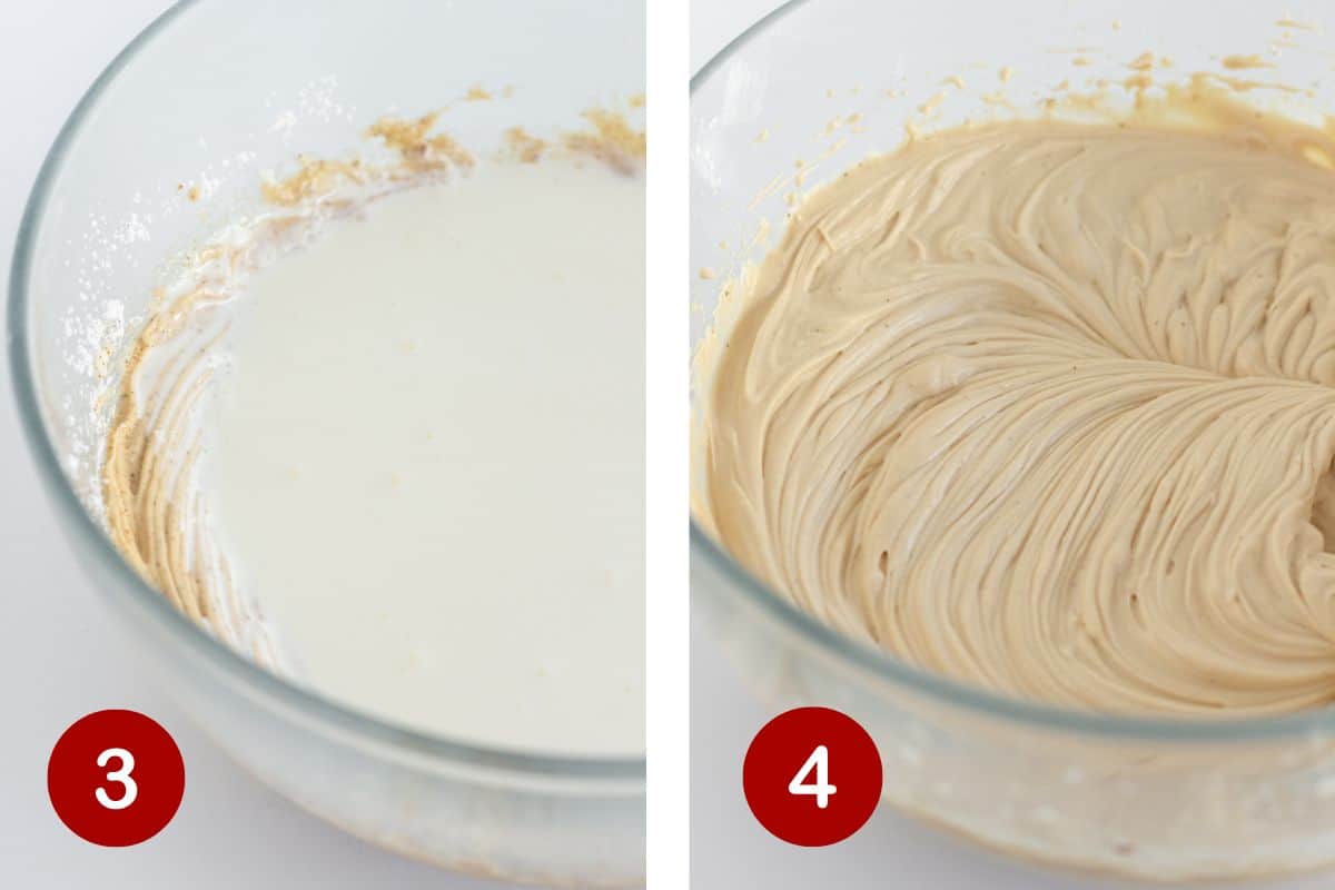 Préparation du glaçage au mascarpone, ajout de la crème et mélange jusqu'à obtenir une texture épaisse et lisse.