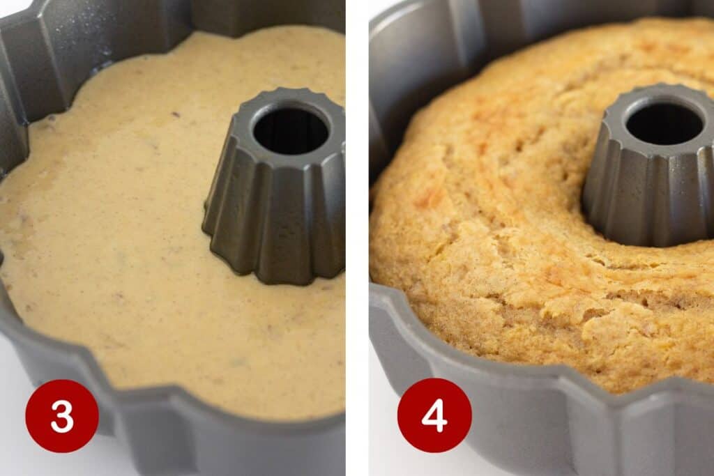 Adding the batter to a bundt pan and baking the banana cake.