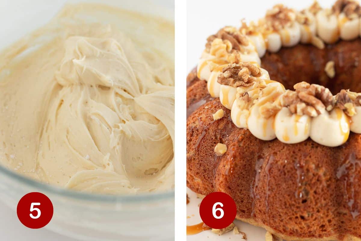 Make the caramel frosting and add to the top of the cooled cake.