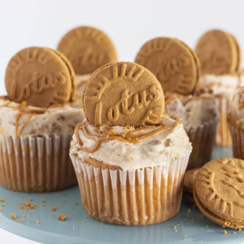 A half dozen Biscoff cupcakes on a blue cake plate.