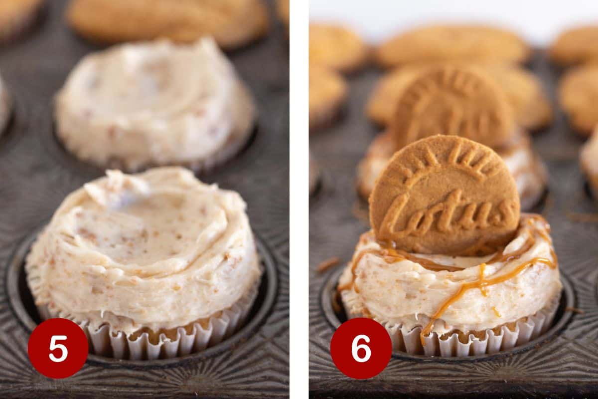 Frosting the cupcakes and topping each cupcake with a drizzle of cookie butter and cookie.