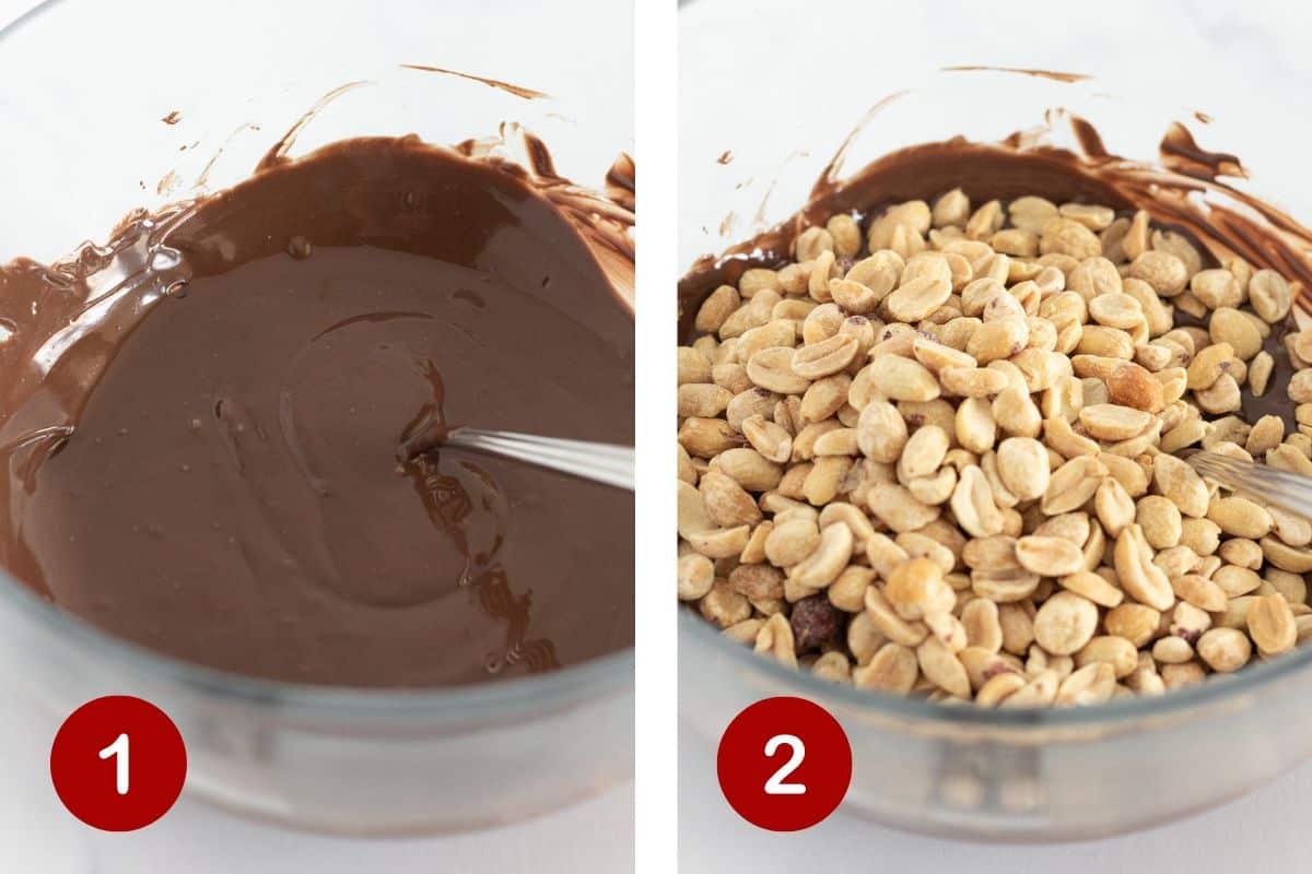 Melting the chocolate in the microwave and adding the peanuts.