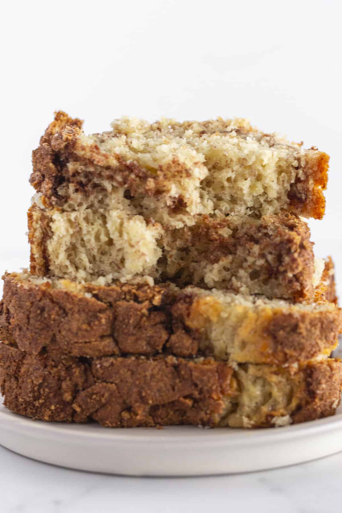 Sliced of cake mix banana bread stacked on each other.