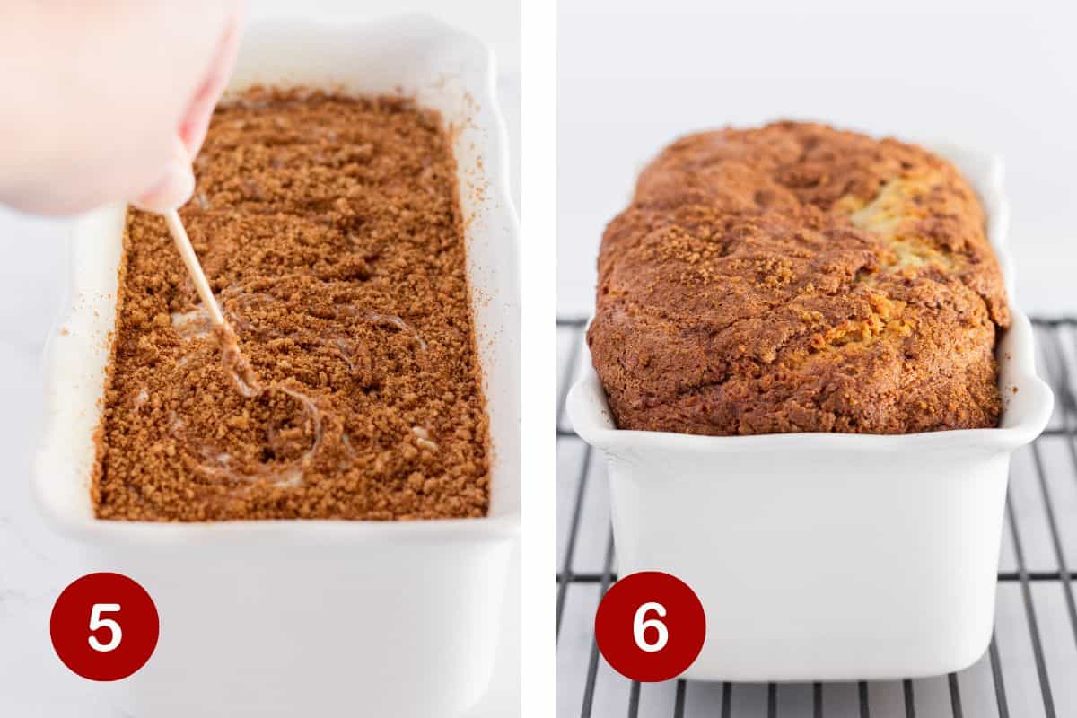Swirling the cinnamon mixture into the batter and baking the bread.