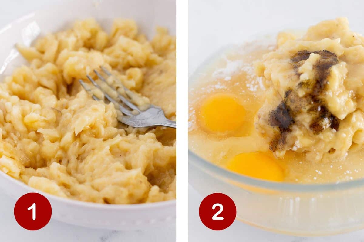 Mashing the ripe banana and making the batter.