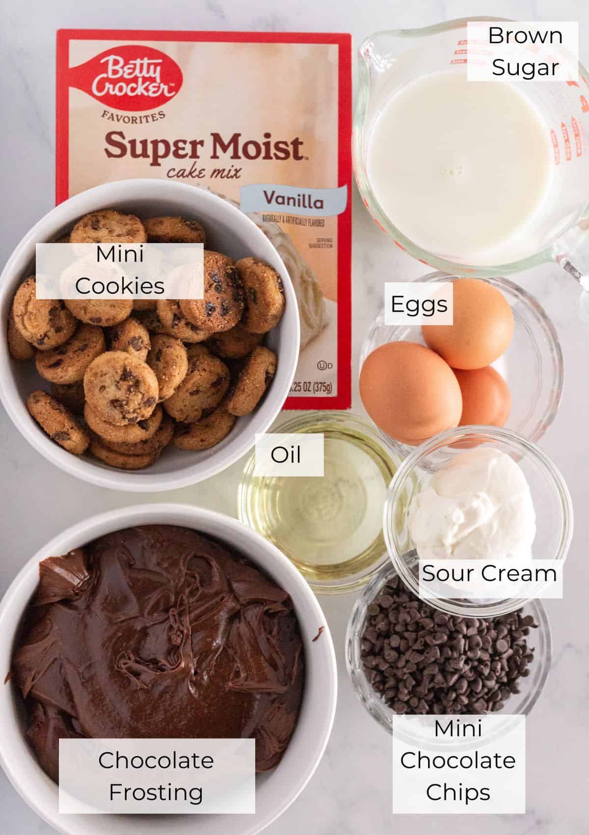 The ingredients needed to make chocolate chip cupcakes with chocolate frosting.