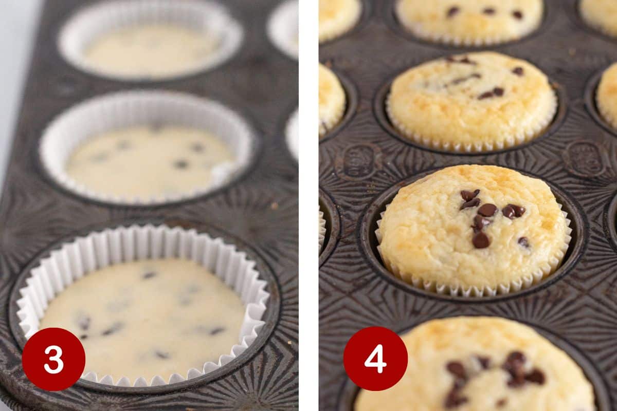 Filling the cupcake pan with batter and baking the cupcakes.