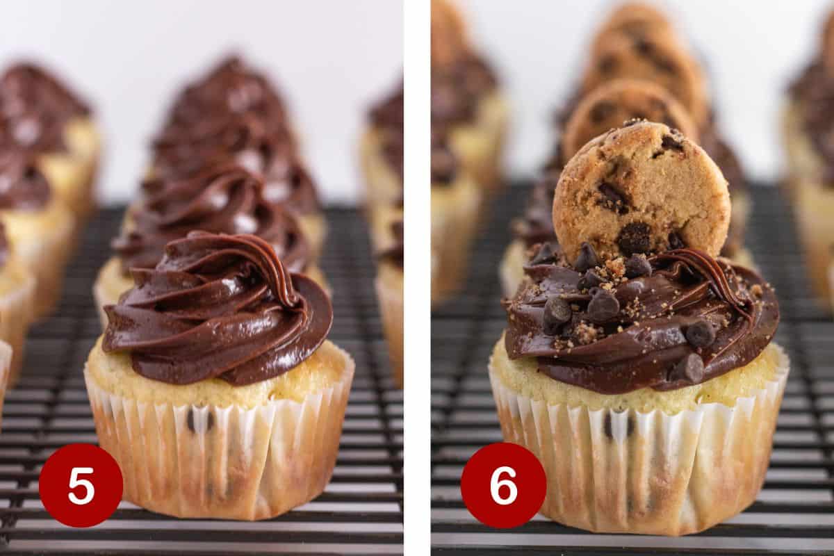 Topping the cupcakes with chocolate frosting and a cookie.