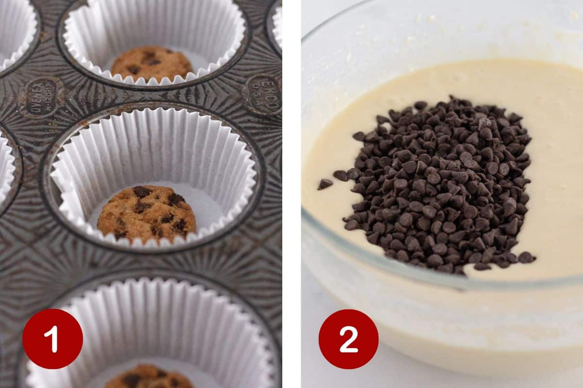 Adding a cookie to the bottom of a muffin pan and making the cake batter with chocolate chips.