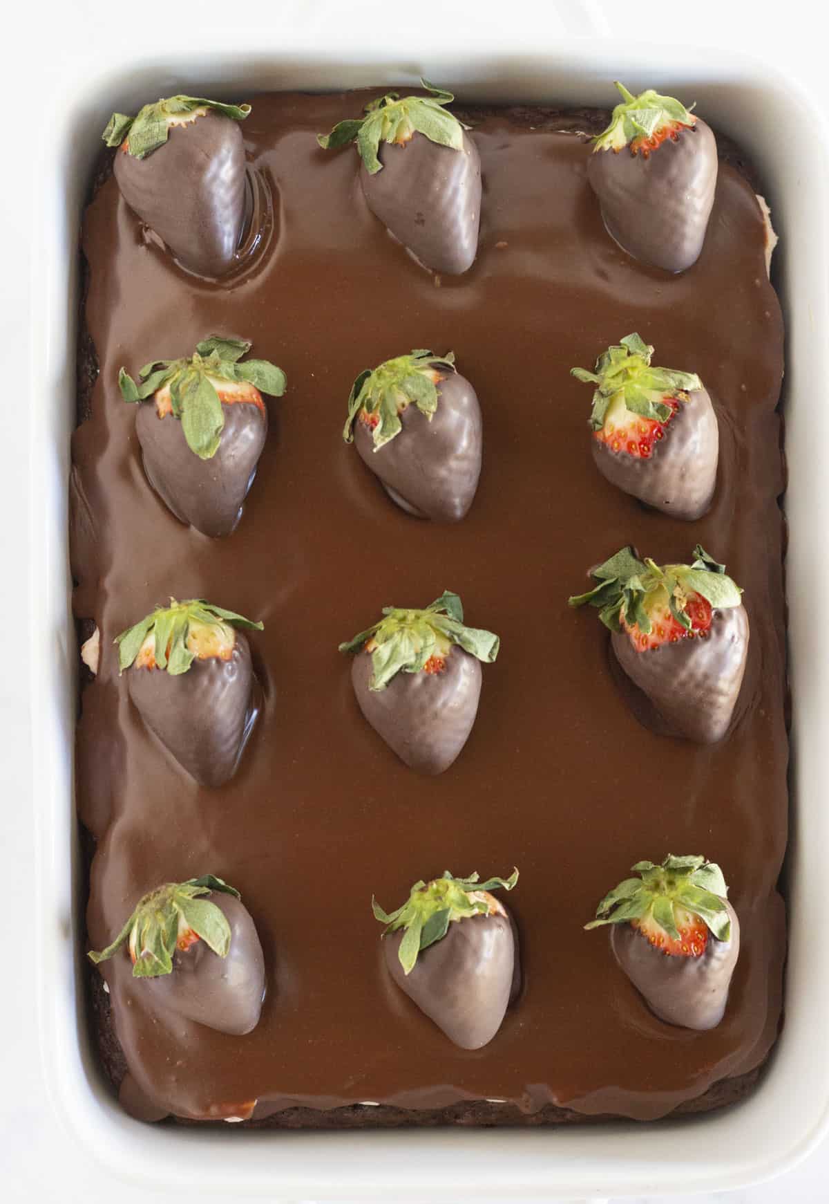 Looking down on a chocolate covered strawberry cake.