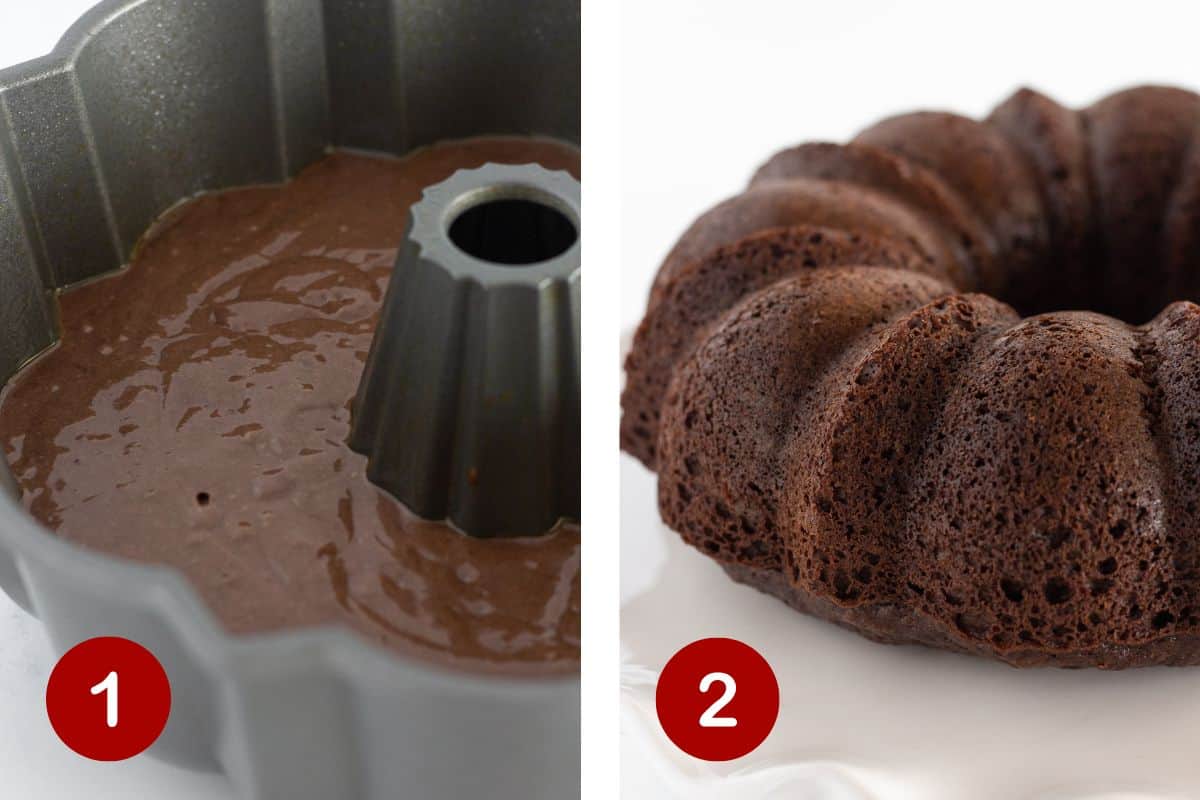 Préparation de la pâte à gâteau au chocolat et cuisson dans un moule à bundt.