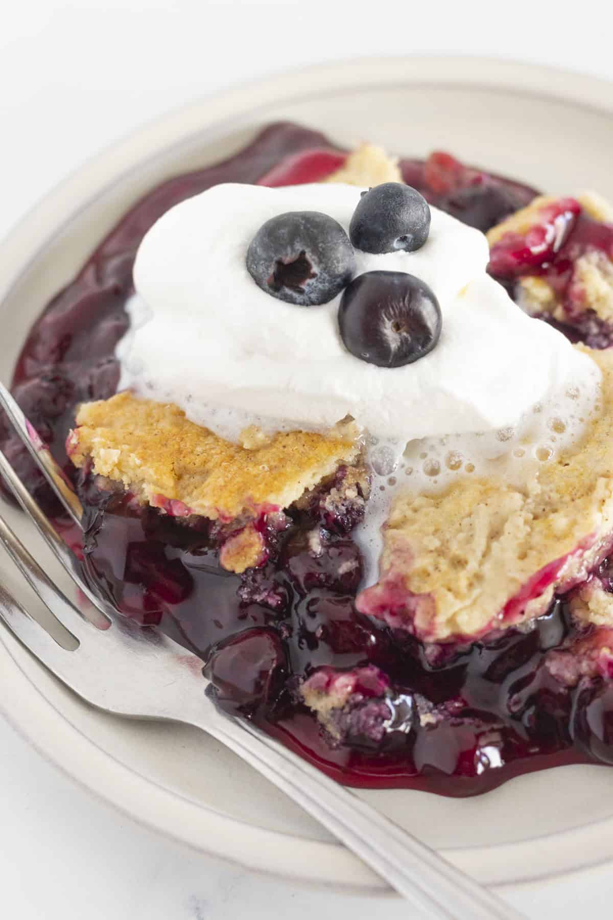 A serving of blueberry cobbler with a cake mix that has homemade whipped cream on top.