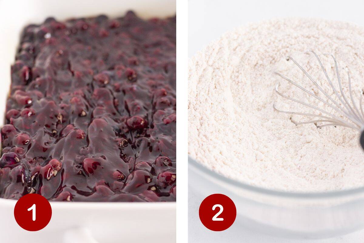 Combining the fresh and frozen blueberries, pouring into pan and whisking dry ingredients.