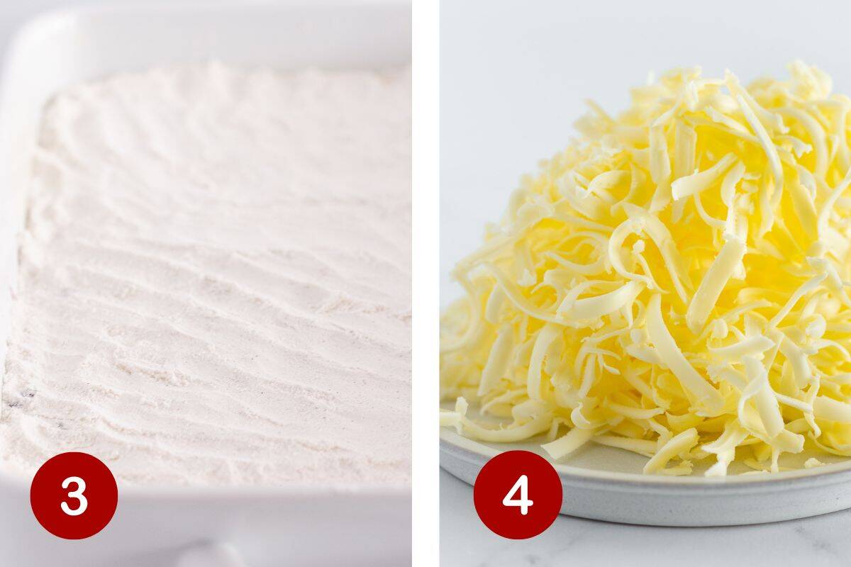 Adding dry ingredients to fruit mixture and grating cold butter.