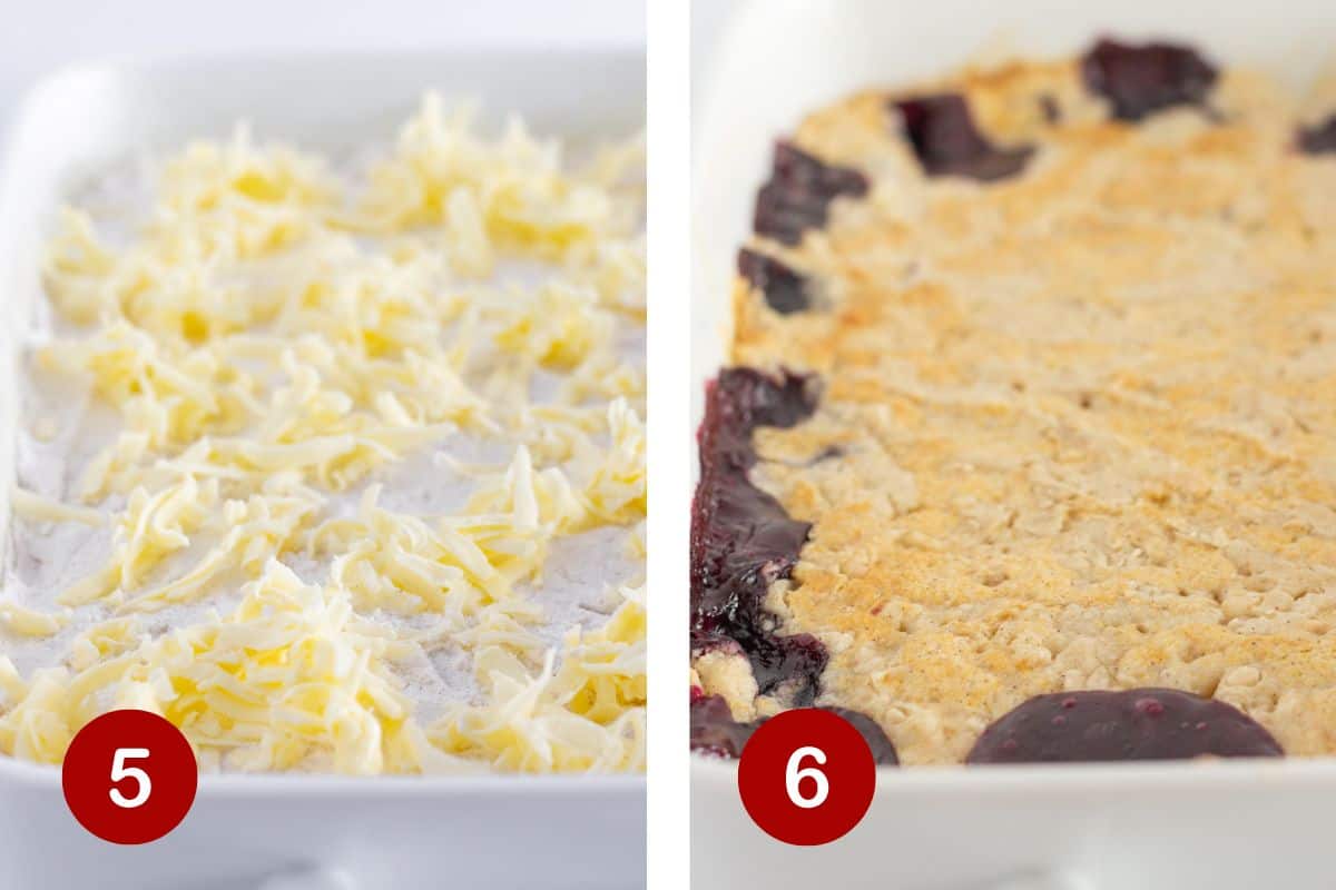 Adding grated butter to top of dry ingredients and baking until golden.