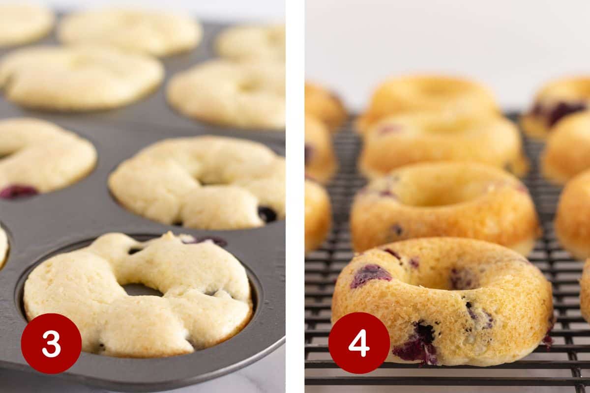 Baking the donuts, letting them cool and turning them out of the pan.