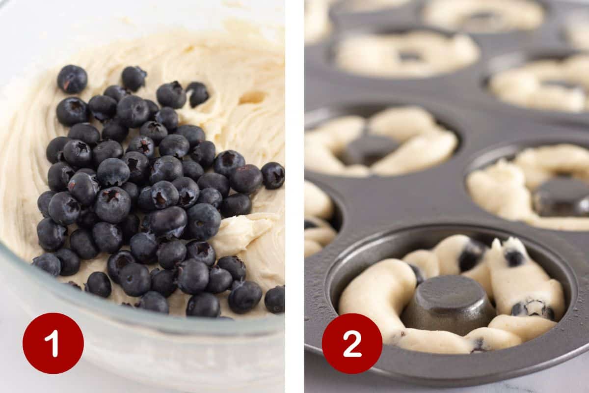Making the blueberry donut batter and adding it to the prepared pans.