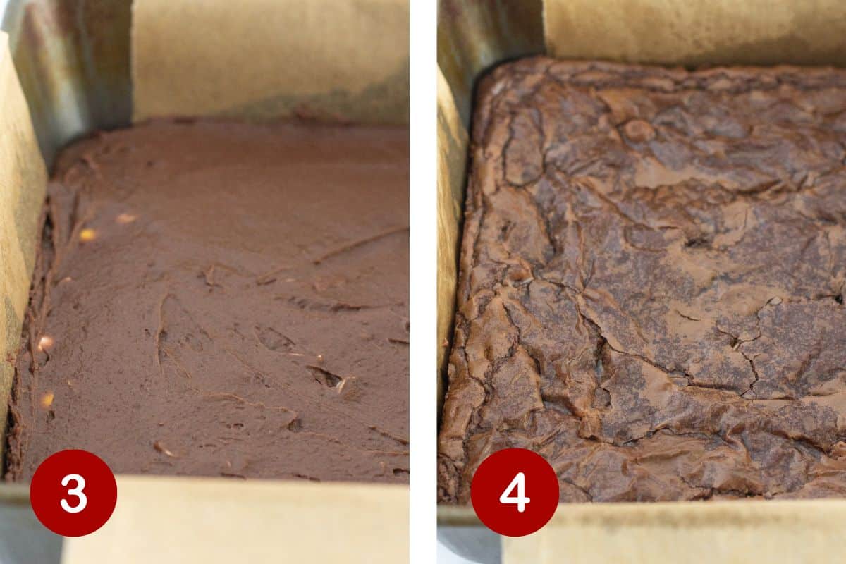 Spreading brownie batter into prepared and baking it.