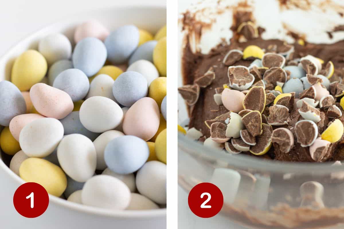 Prepping the mini egg candy and making the brownie batter.