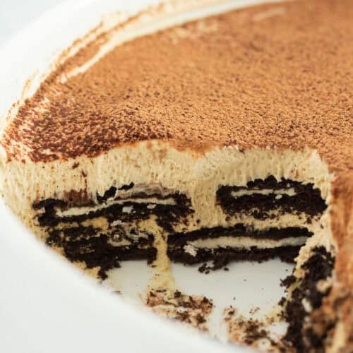 Looking at the layers of the Oreo Tiramisu after a serving has been removed.