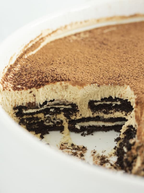 Looking at the layers of the Oreo Tiramisu after a serving has been removed.