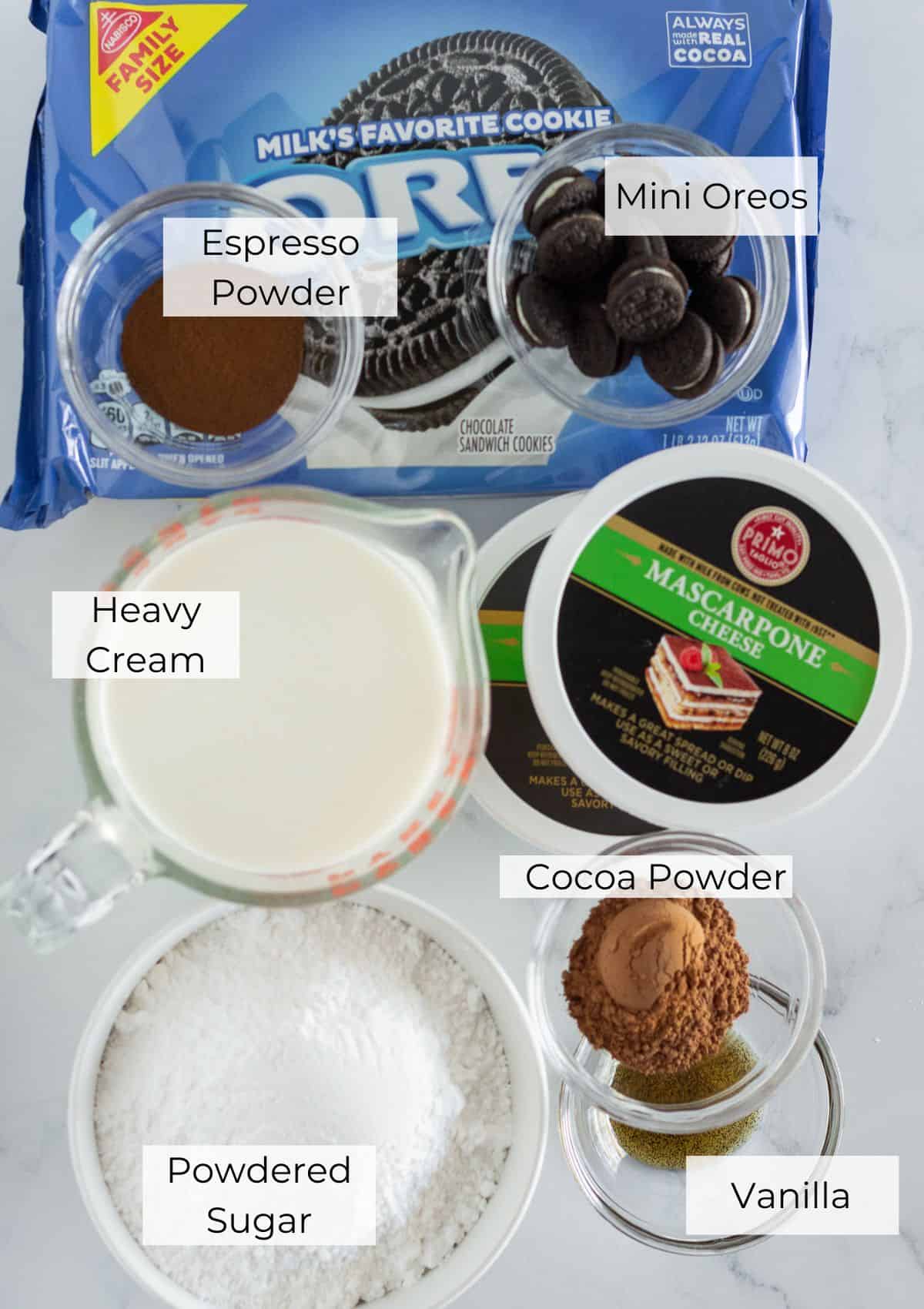 The ingredients needed to make Oreo Tiramisu.