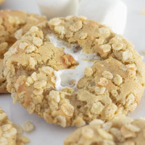 Rice krispie cookies on a white tray with large marshmallows.