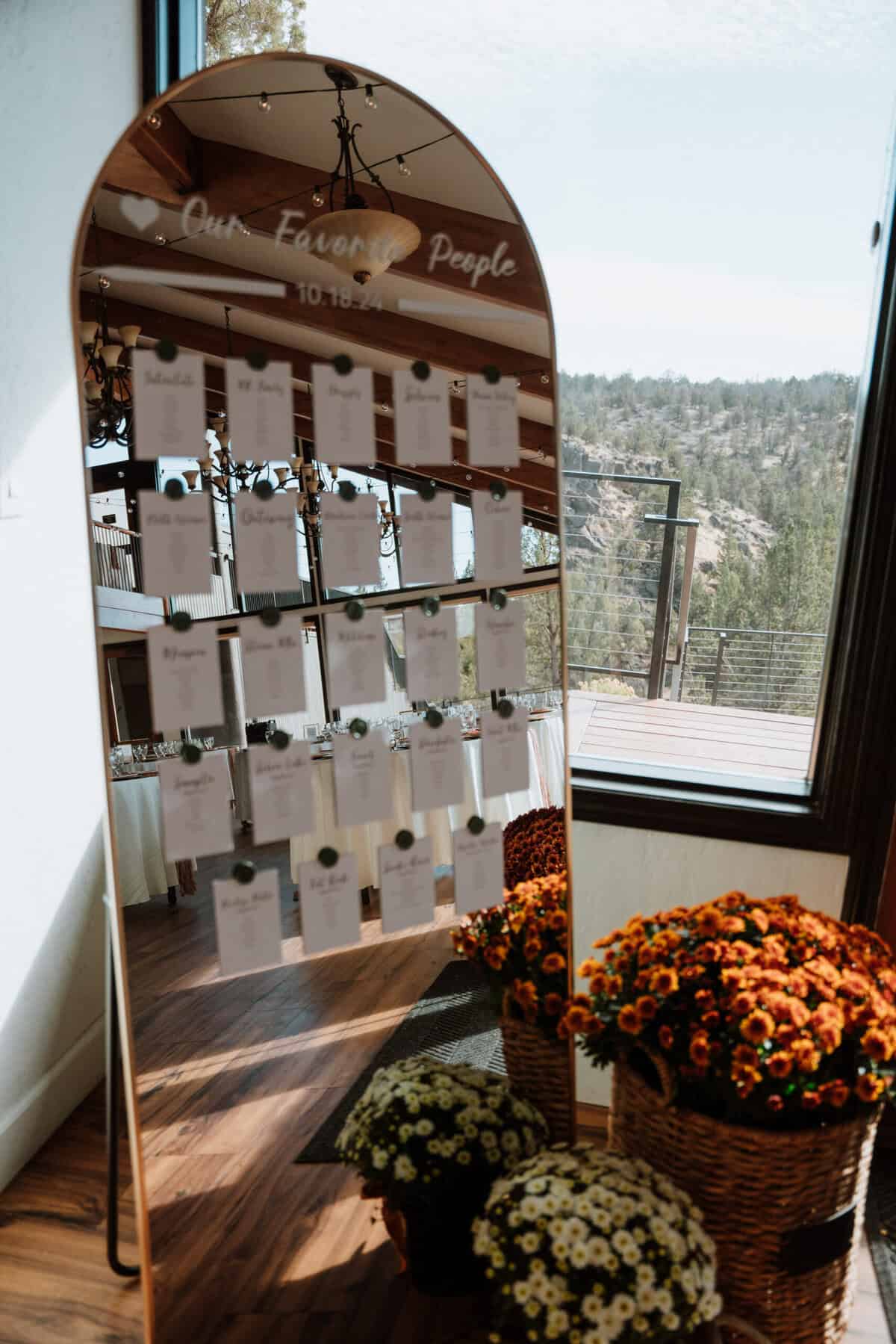 The mirror with seating arrangements.